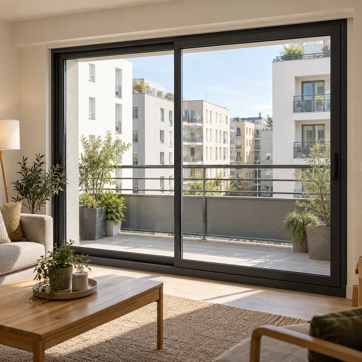 Baie vitrée coulissante anthracite installée dans un appartement en ville