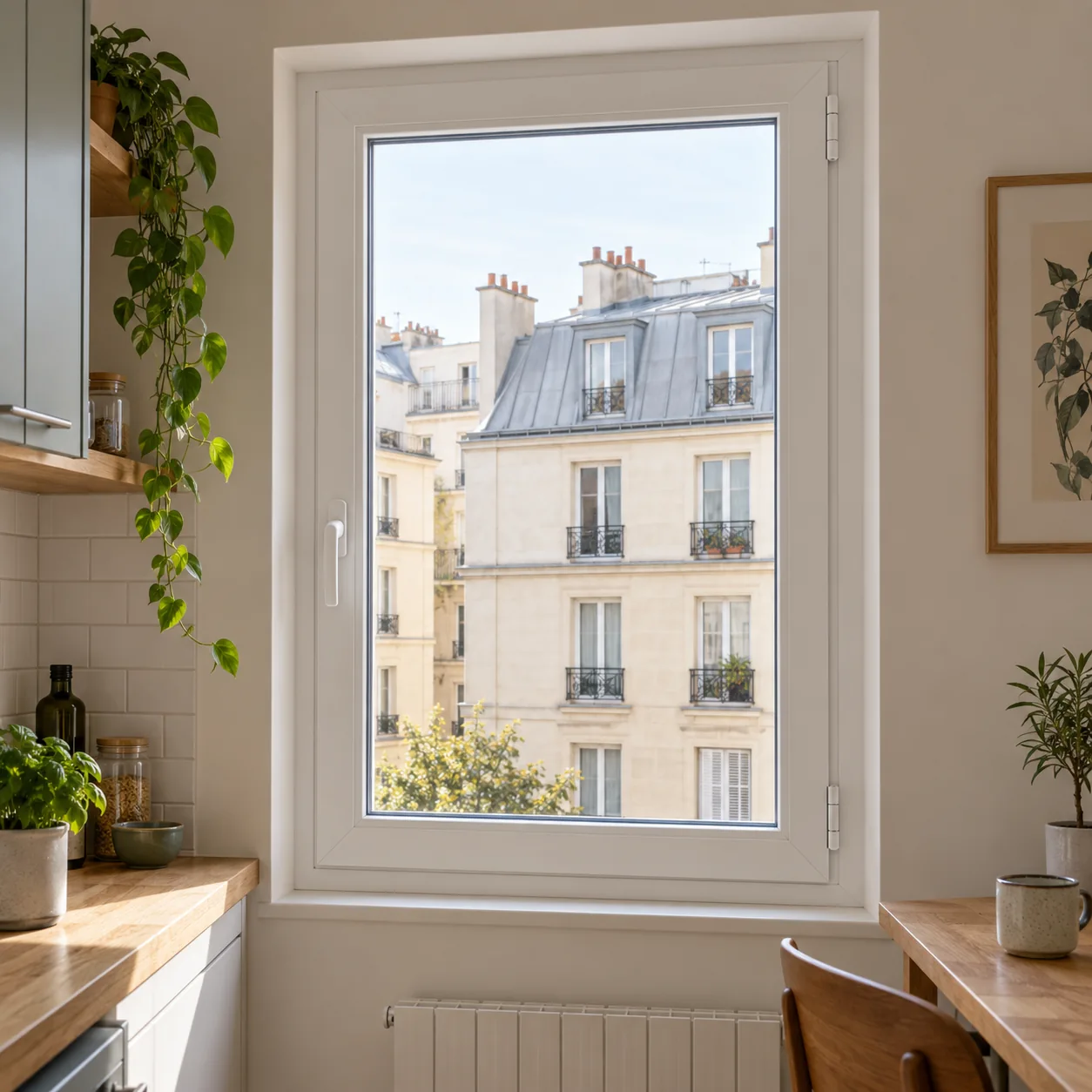Fenêtre blanche à un vantail installée dans une cuisine en ville