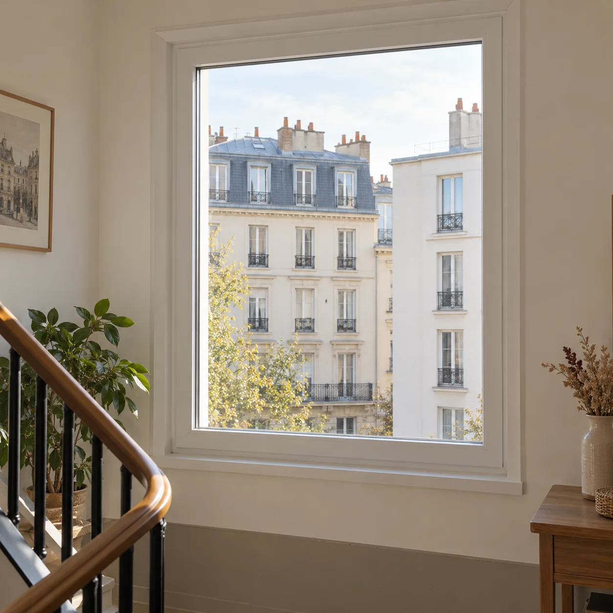 Fenêtre fixe blanche installée dans un appartement en ville