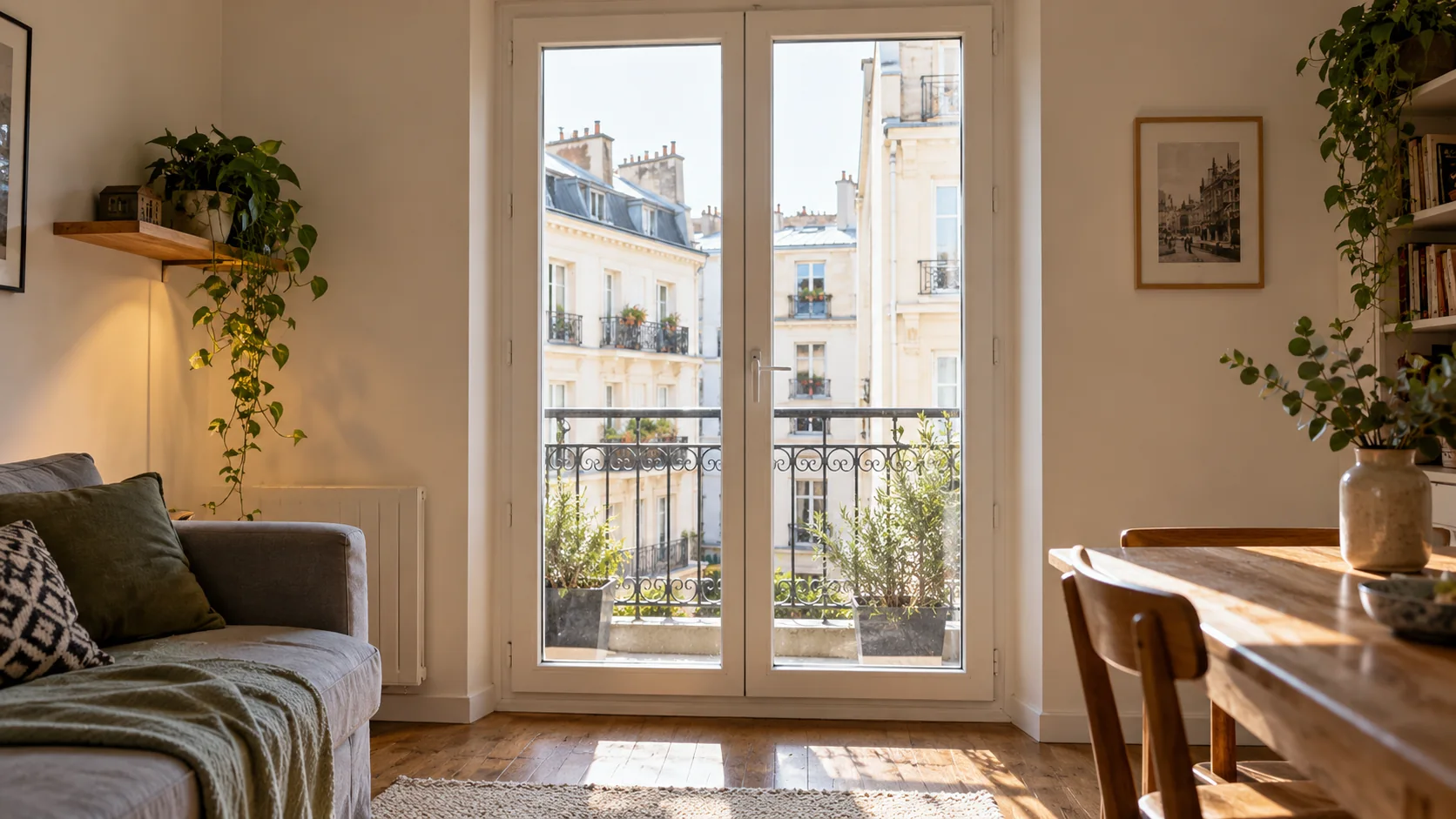 Porte-fenêtre blanche à deux vantaux installée dans un appartement en ville